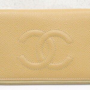 Chanel CC Logo Timeless Caviar Beige Leather Around Zip Around Wallet